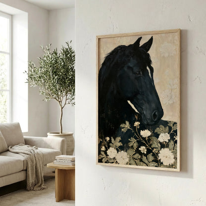 a black horse with a floral background, hanging on a wall in a living room.