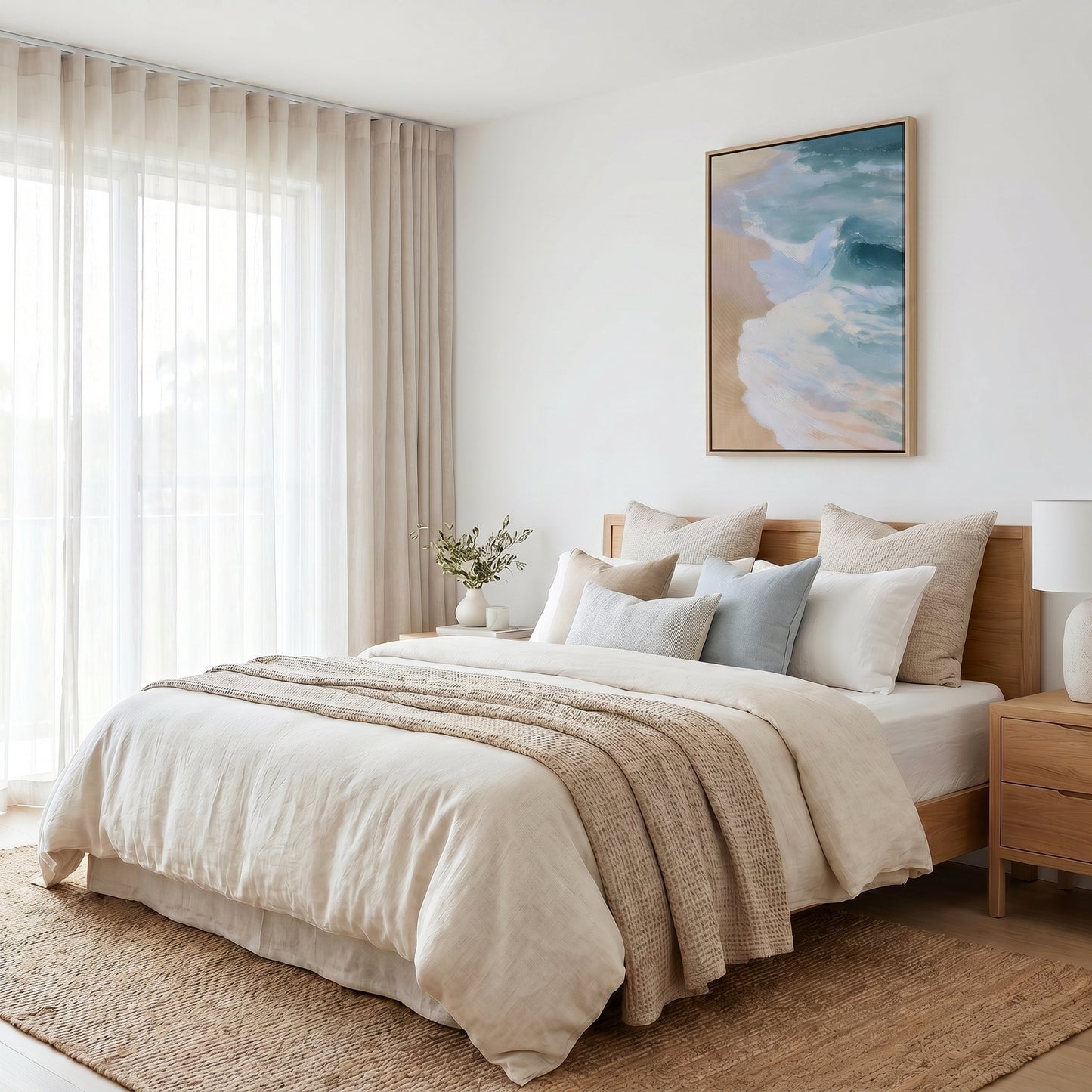 a serene and inviting bedroom with a large bed, a wooden headboard, and a framed artwork of a beach scene on the wall. The room is decorated in a neutral color palette, with beige and white bedding and a wooden nightstand with a lamp. The overall atmosphere of the room is calm and relaxing, with the beach-themed artwork adding a touch of natural beauty to the space.