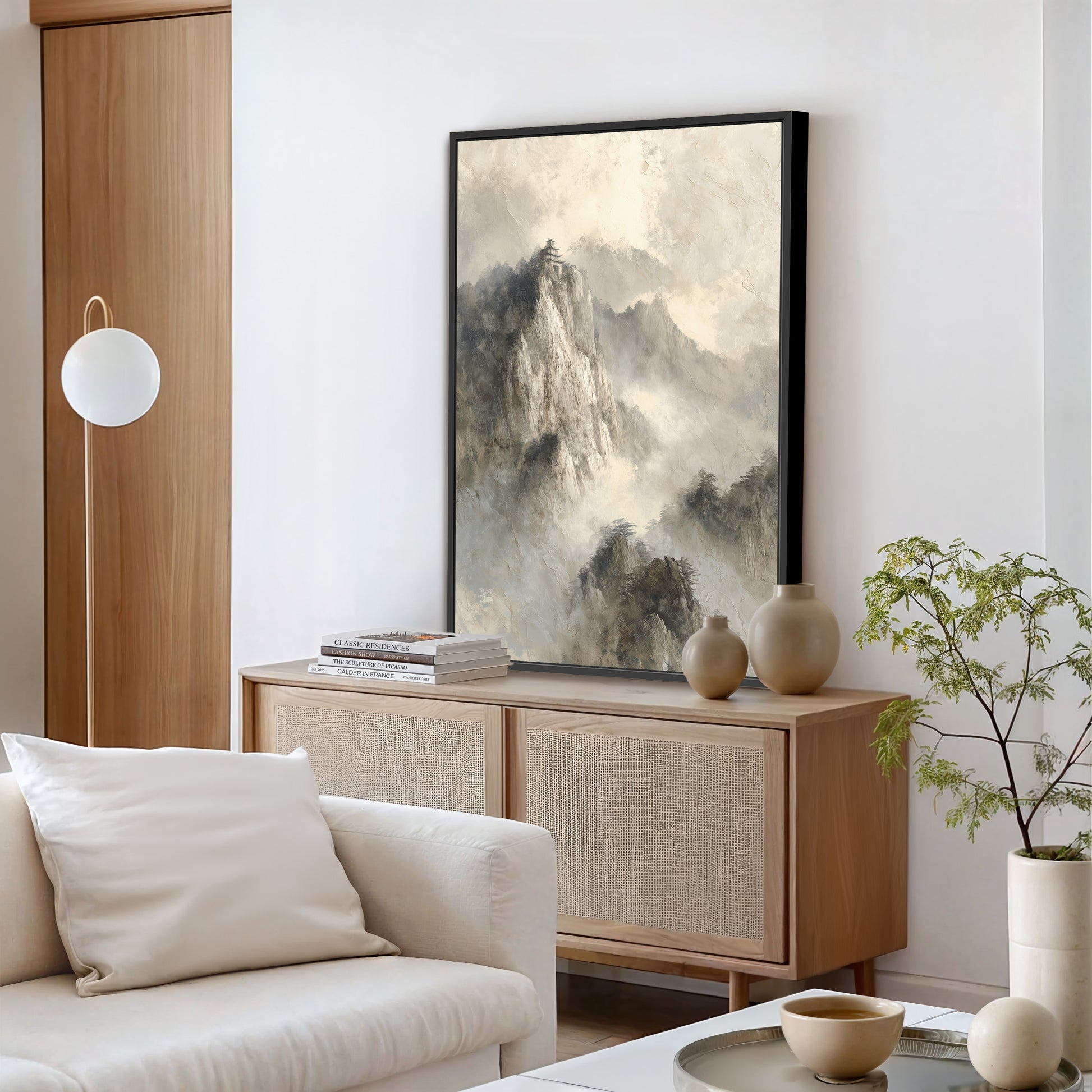 a modern living room with a large painting of a mountain landscape hanging on the wall above a wooden cabinet. The room is furnished with a white sofa, a coffee table, and a potted plant.