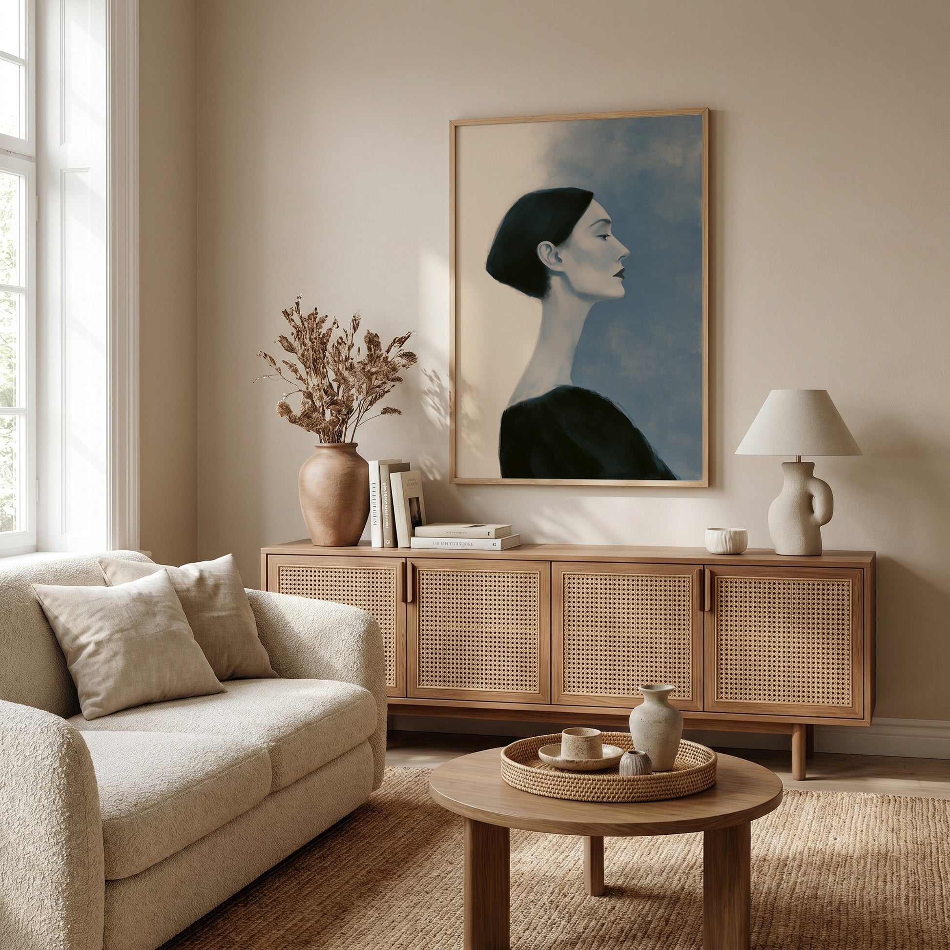 a cozy living room with a large framed portrait of a woman hanging on the wall above a wooden cabinet. The room is furnished with a beige sofa, a round coffee table, and a lamp on a side table. The overall decor has a warm and inviting atmosphere.