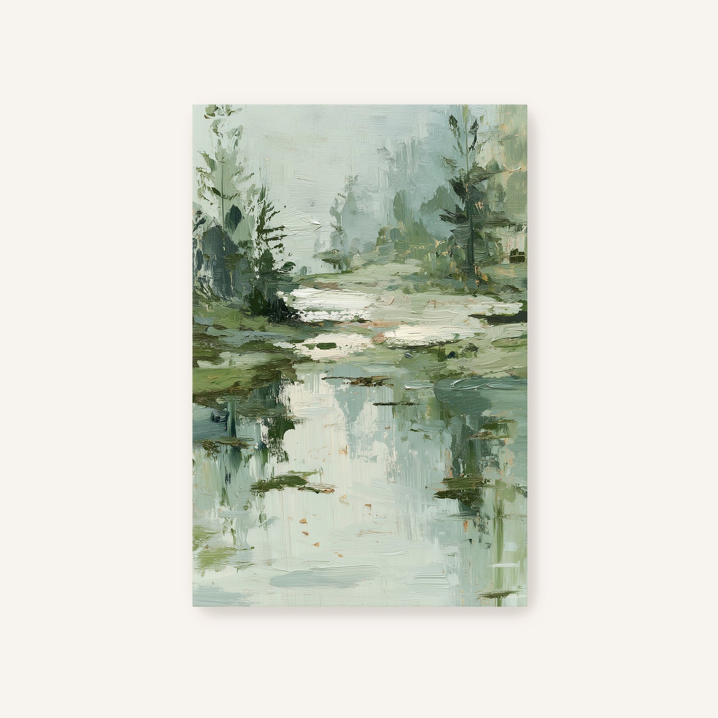 The image is an abstract painting depicting a serene landscape with a body of water, trees, and a misty atmosphere.