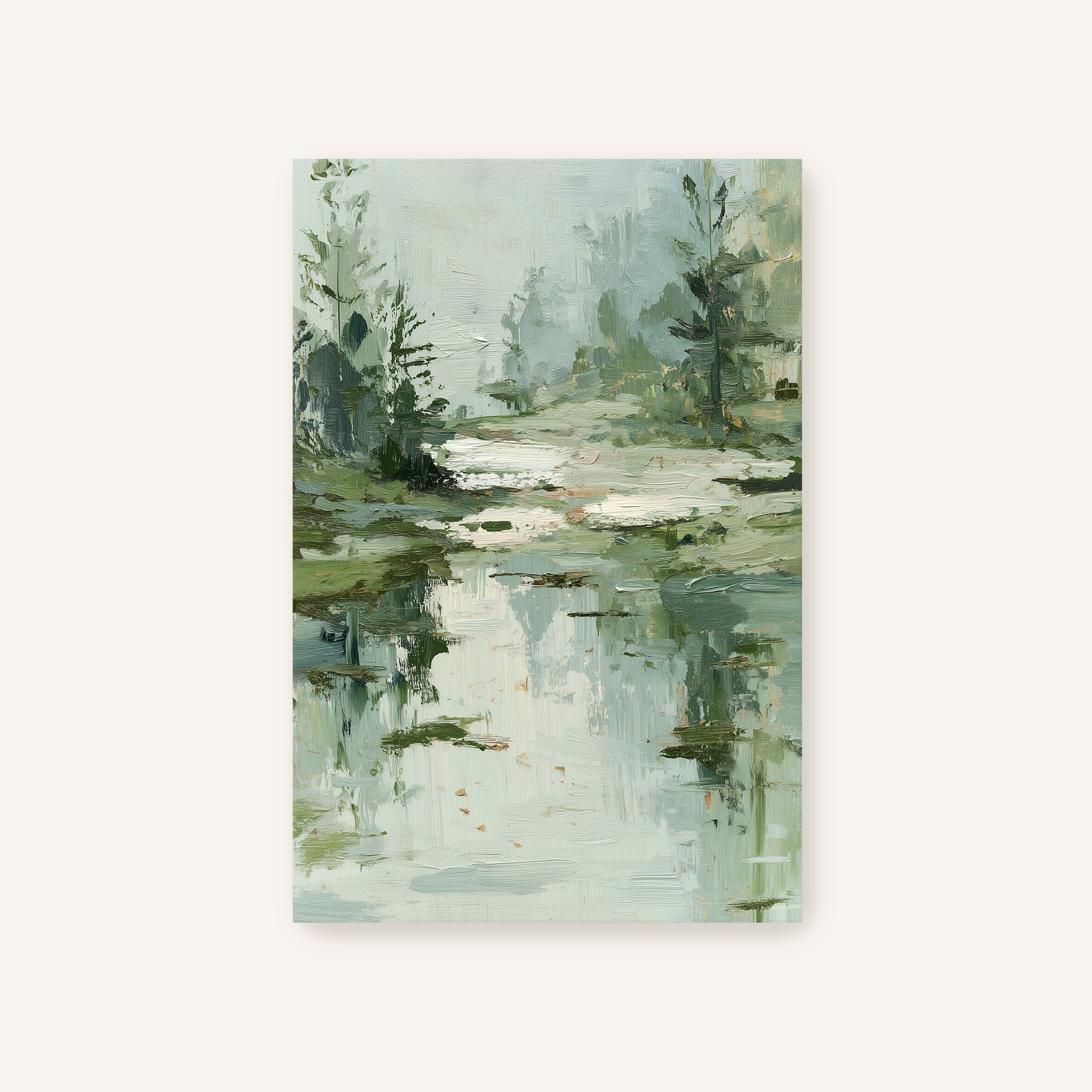 The image is an abstract painting depicting a serene landscape with a body of water, trees, and a misty atmosphere.