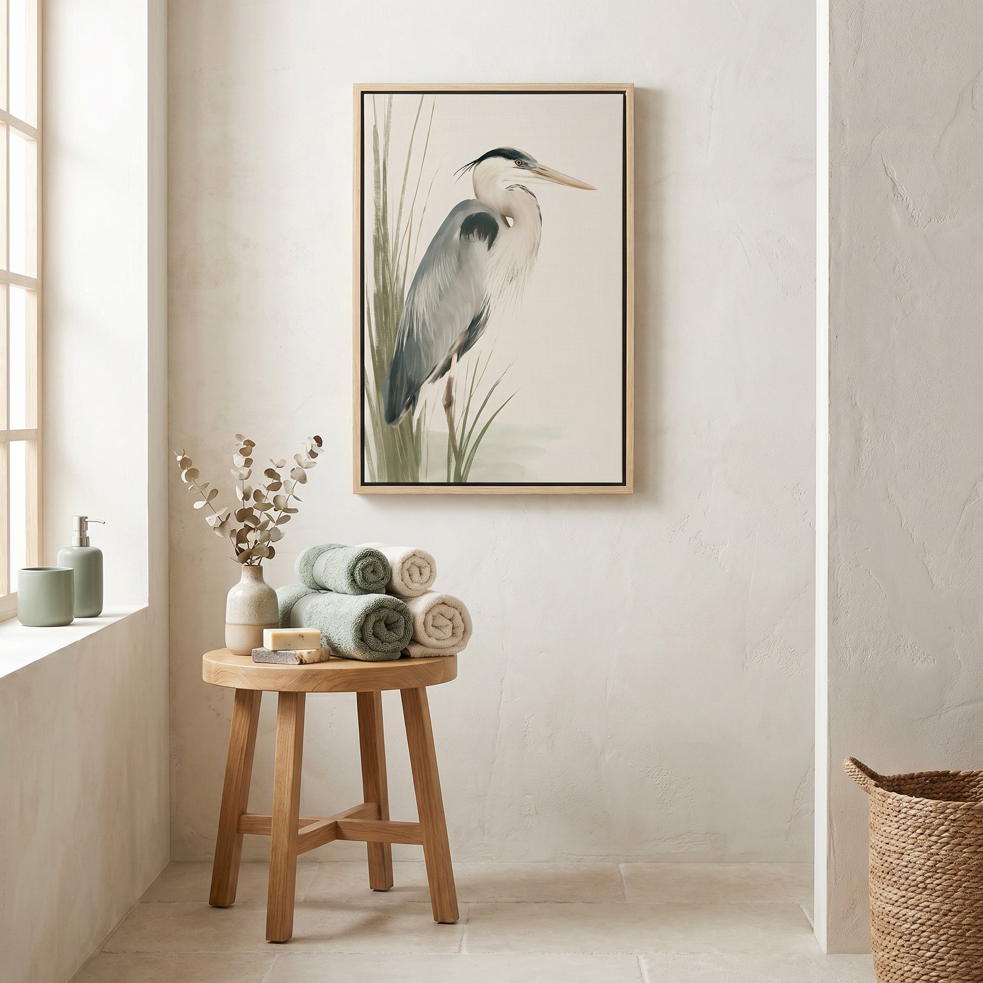 a bathroom setting with a framed picture of a heron on the wall, a small wooden table with rolled towels and a vase of flowers, and a woven basket on the floor.