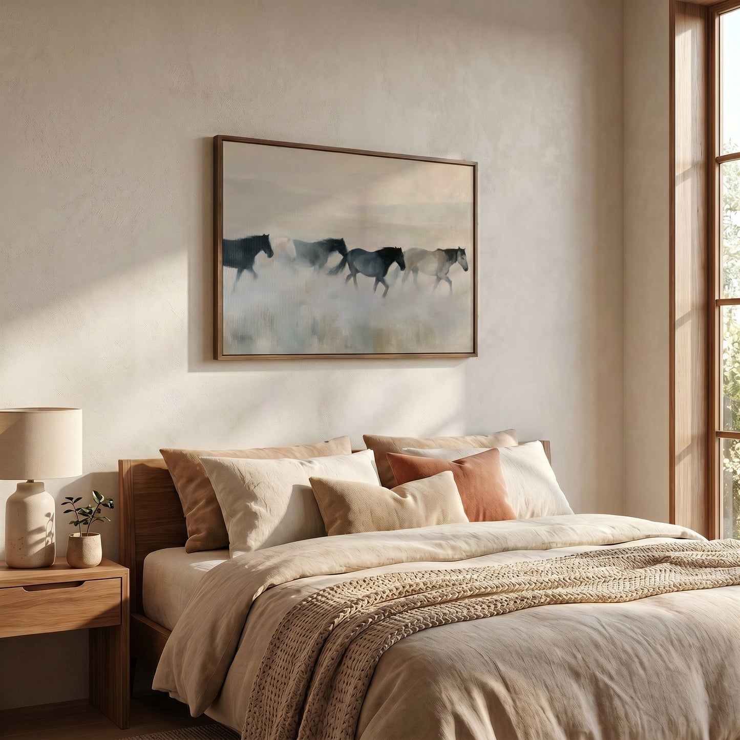 a serene bedroom scene with a large bed adorned with beige bedding and a framed painting of horses in the background.