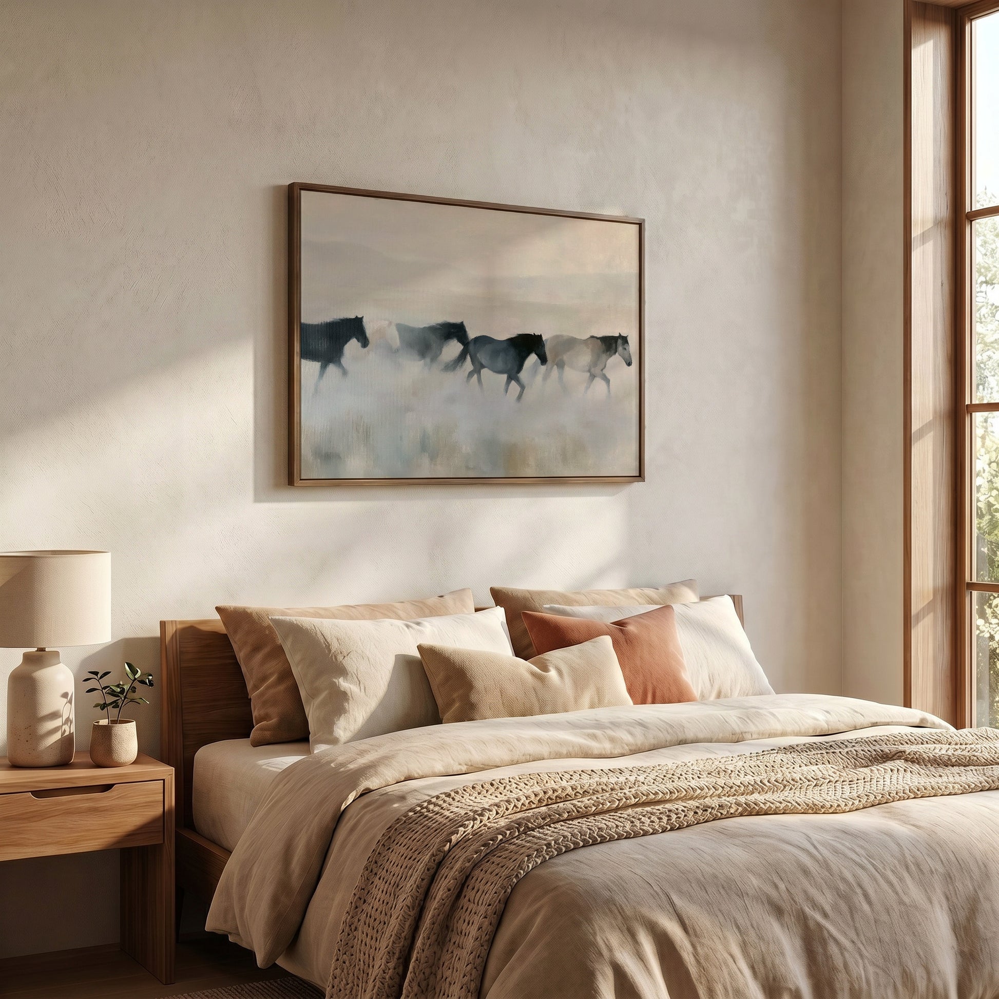 a serene bedroom scene with a large bed adorned with beige bedding and a framed painting of horses in the background.