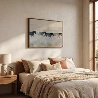 a serene bedroom scene with a large bed adorned with beige bedding and a framed painting of horses in the background.