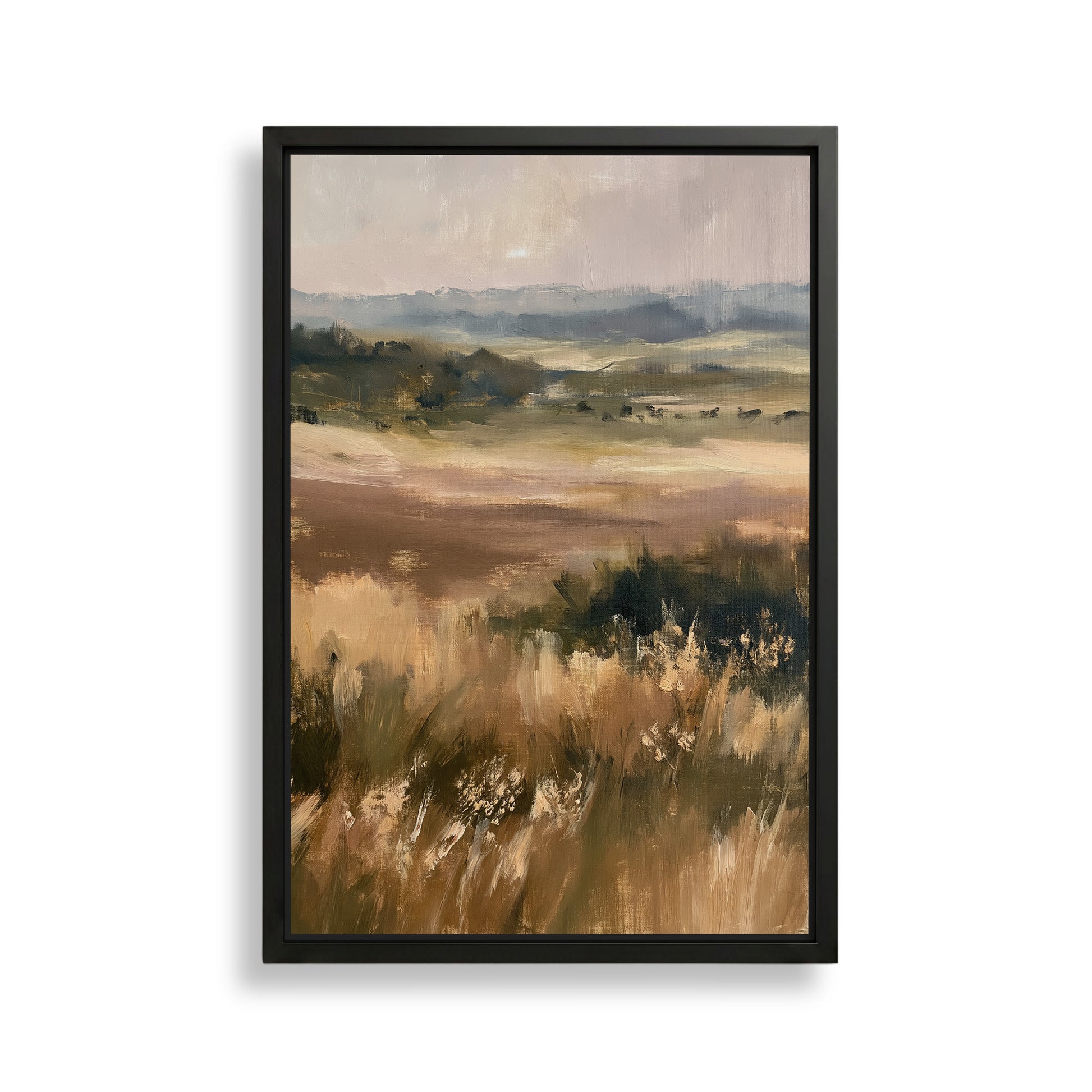 The image is a framed painting depicting a serene landscape with a field of tall grass and a distant horizon.