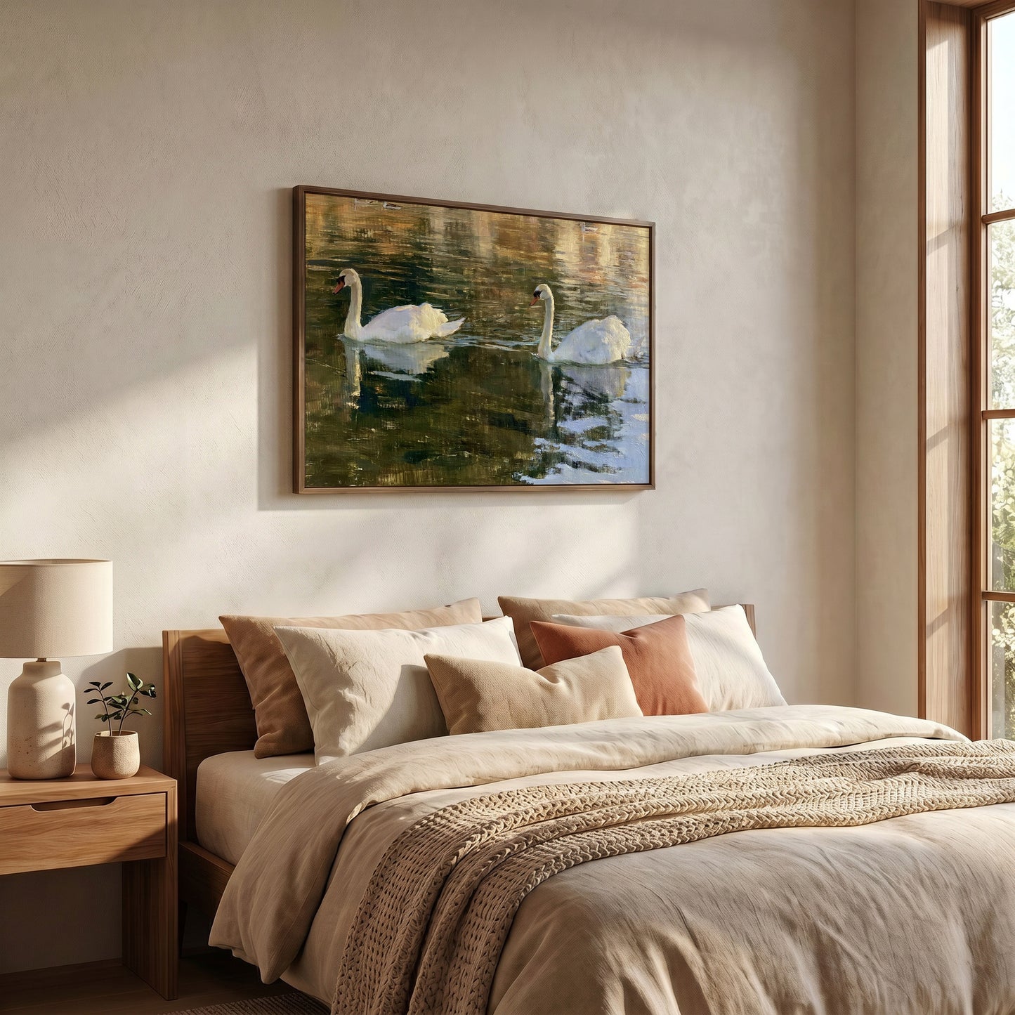 a serene bedroom scene with a large bed, a framed painting of two swans on a lake, and a lamp on a side table.