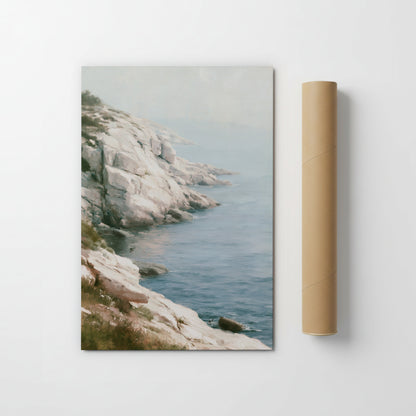 The image is a painting of a rocky coastline with a body of water, likely the ocean, in the background.