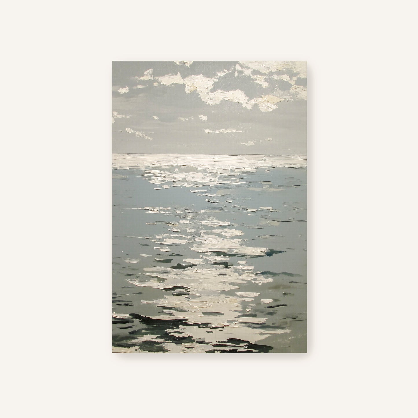a serene scene of a body of water, possibly a lake or ocean, with a cloudy sky above. The water appears to be reflecting the sky, creating a sense of tranquility and calmness.