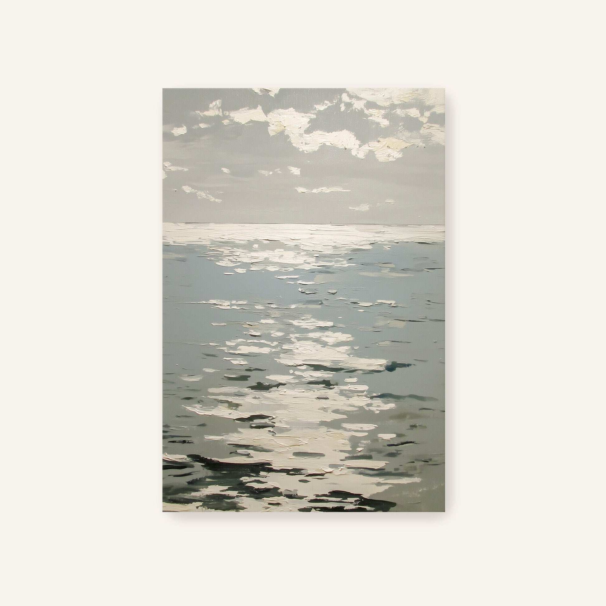 a serene scene of a body of water, possibly a lake or ocean, with a cloudy sky above. The water appears to be reflecting the sky, creating a sense of tranquility and calmness.