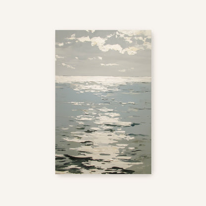 a serene scene of a body of water, possibly a lake or ocean, with a cloudy sky above. The water appears to be reflecting the sky, creating a sense of tranquility and calmness.