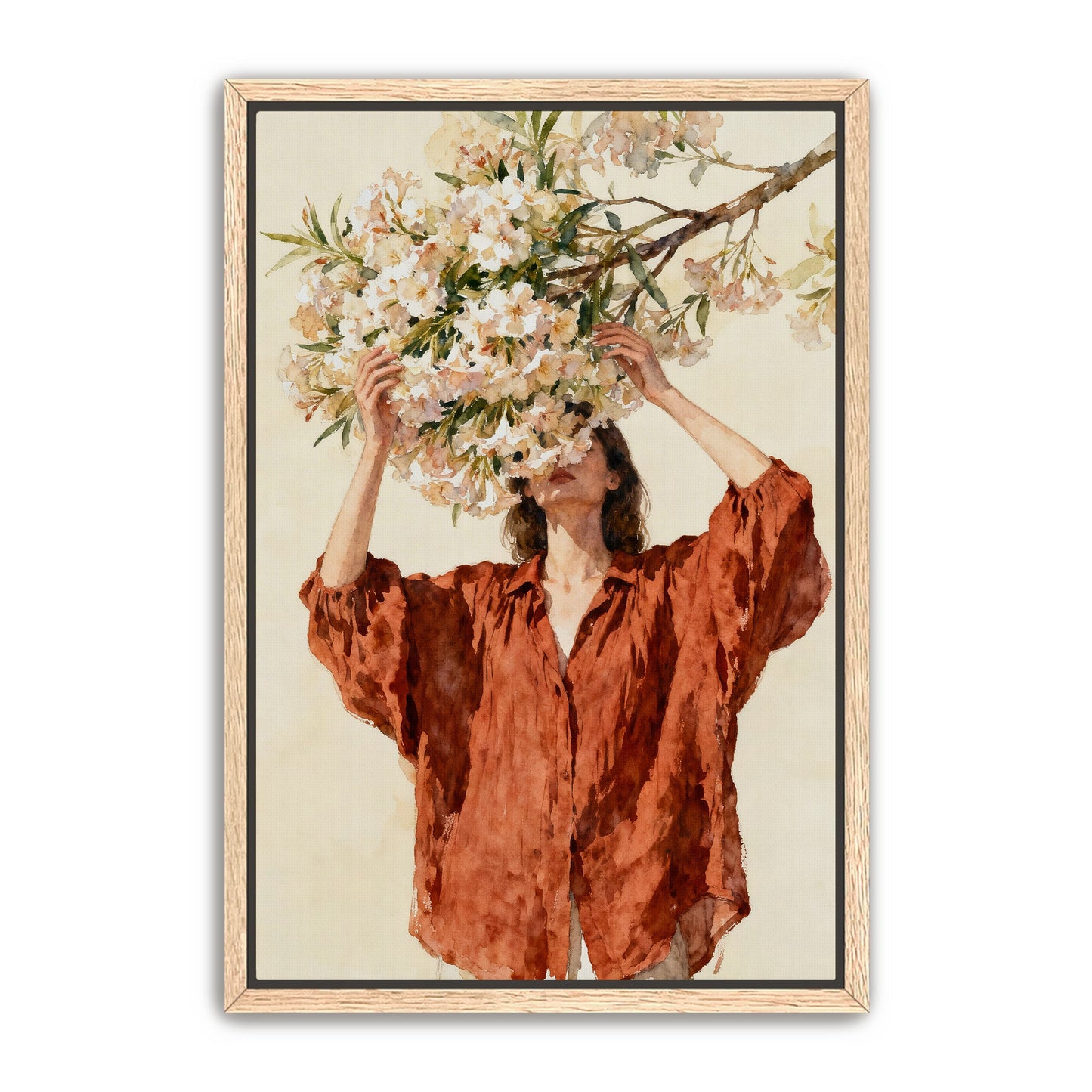 A woman in a red dress stands in front of a branch with white flowers, holding the flowers up to her face.