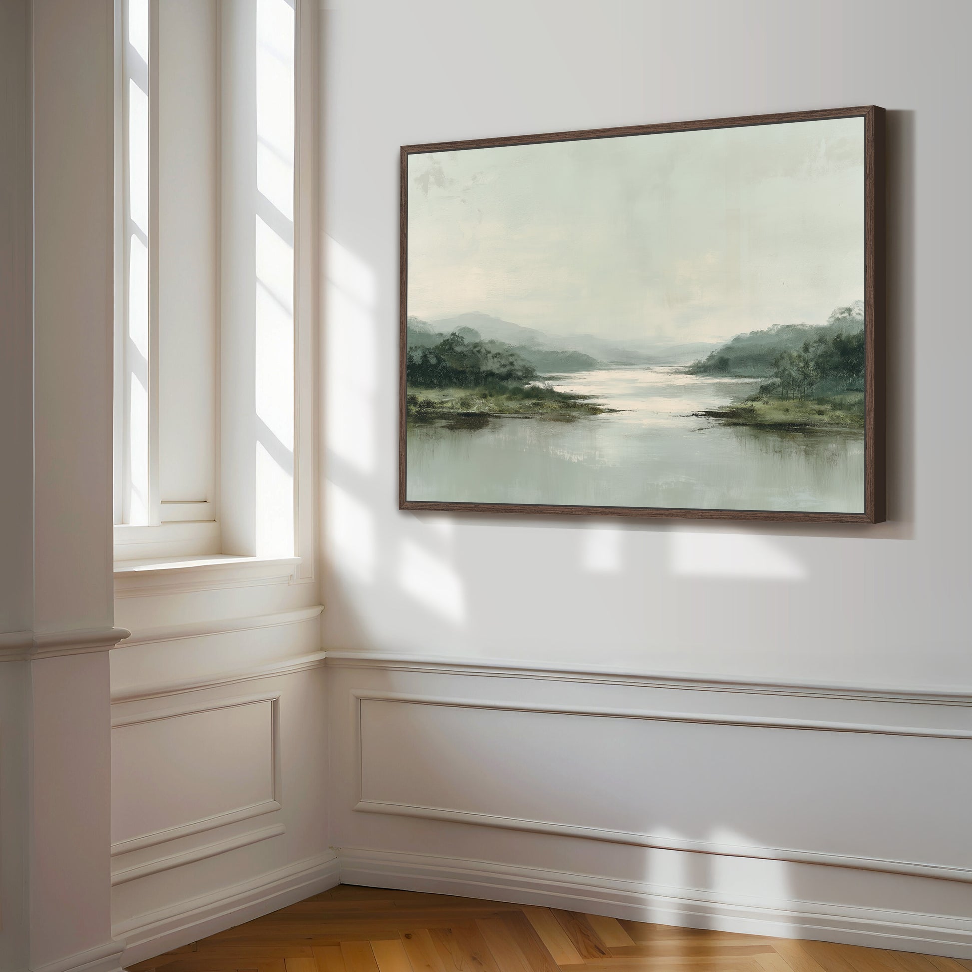 a large landscape painting hanging on a white wall, depicting a serene scene of a river surrounded by trees and mountains.