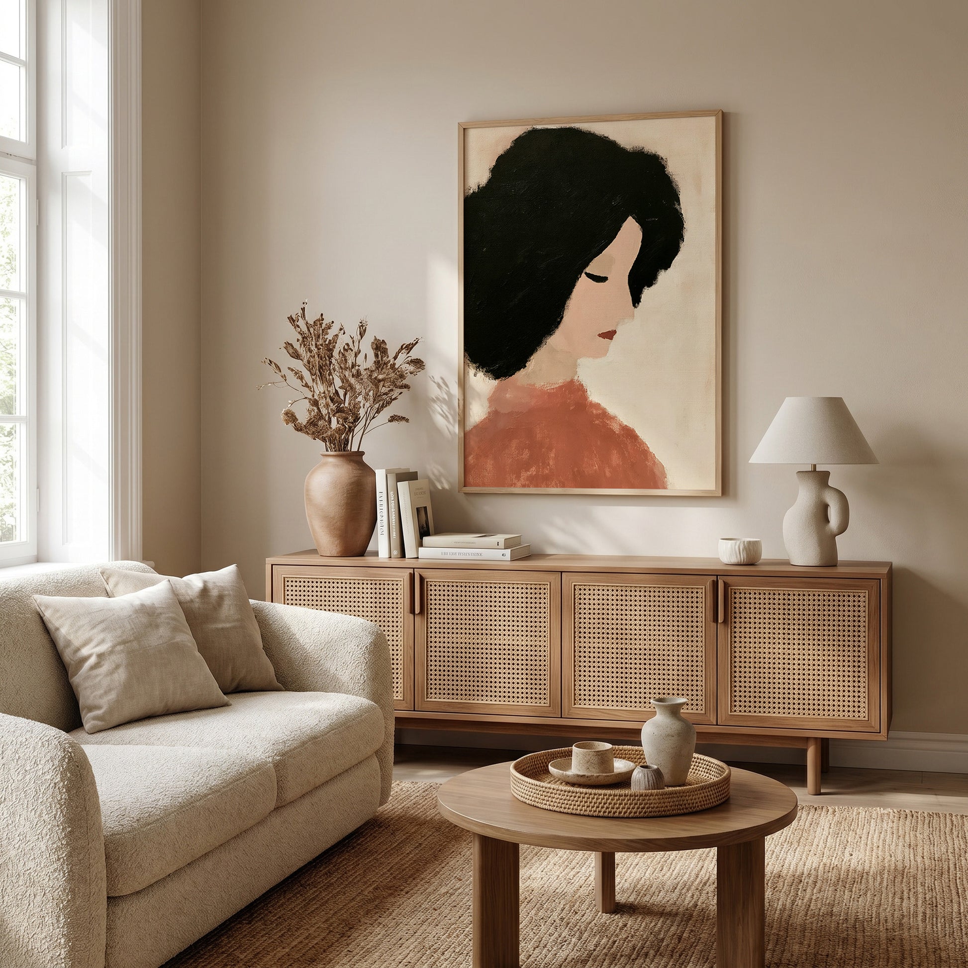a cozy living room with a large framed portrait of a woman on the wall, a beige sofa, a wooden sideboard, and a round coffee table with a tray.