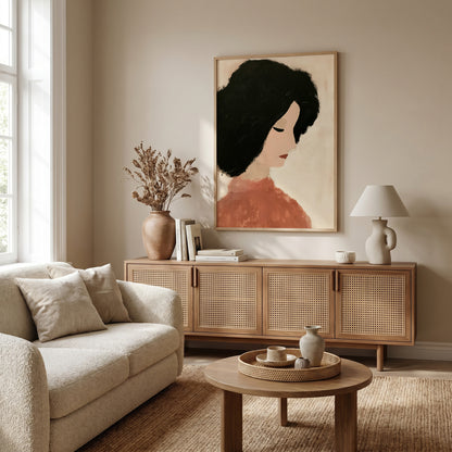 a cozy living room with a large framed portrait of a woman on the wall, a beige sofa, a wooden sideboard, and a round coffee table with a tray.
