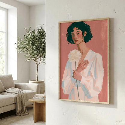 a framed painting of a woman holding a flower, which is hanging on a wall in a living room.
