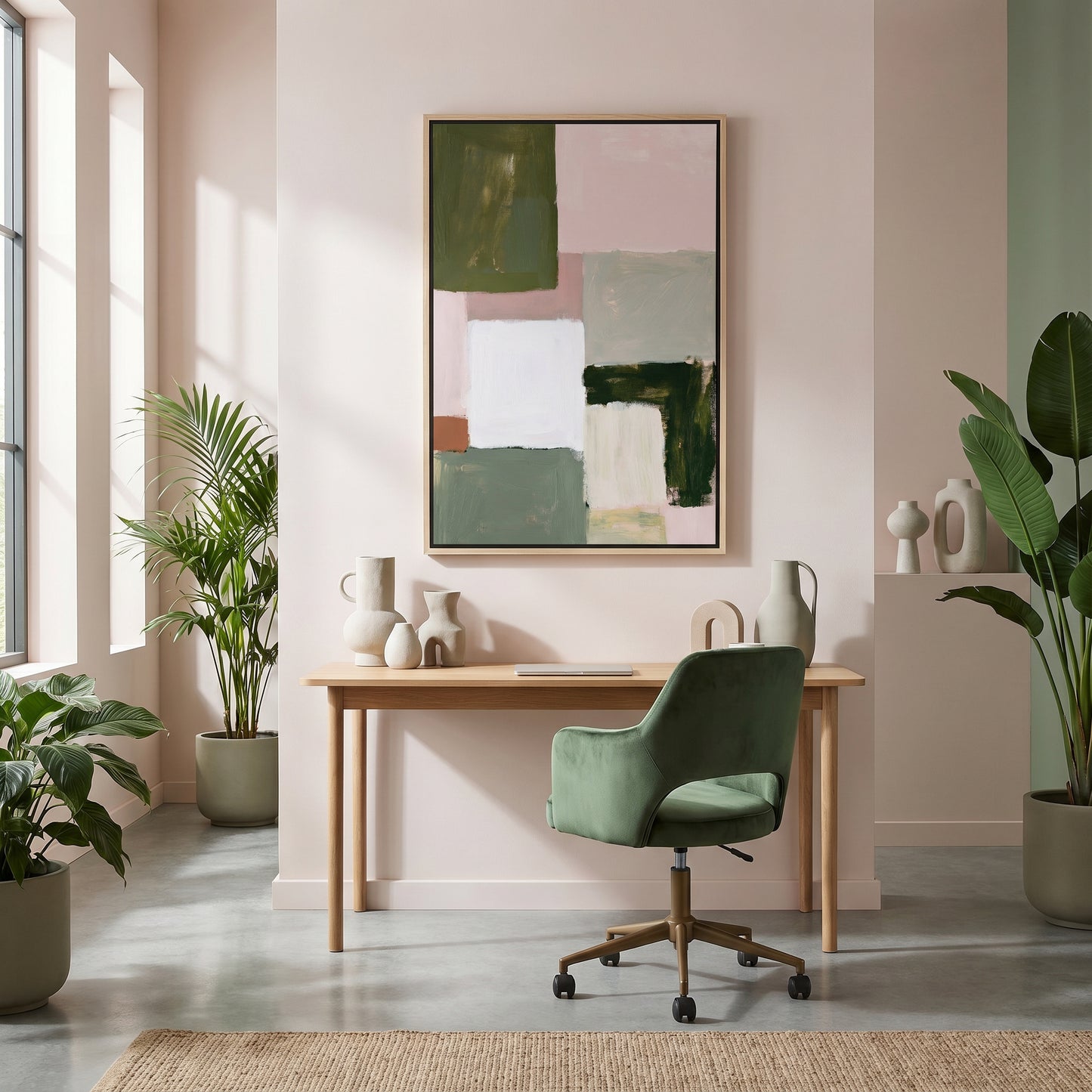 a modern and minimalist workspace with a wooden desk, a green velvet chair, and a large abstract painting on the wall.