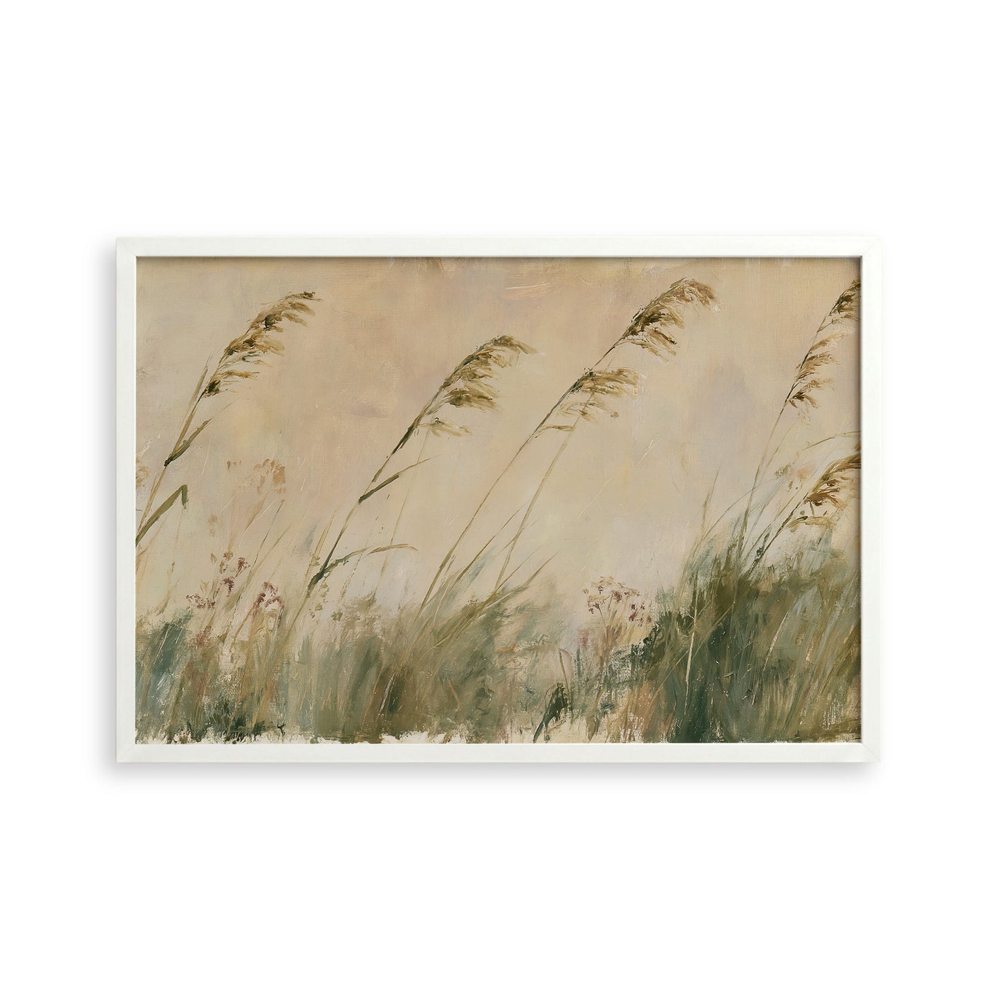 The image is a painting of tall grasses swaying in the wind, with a pale green background.