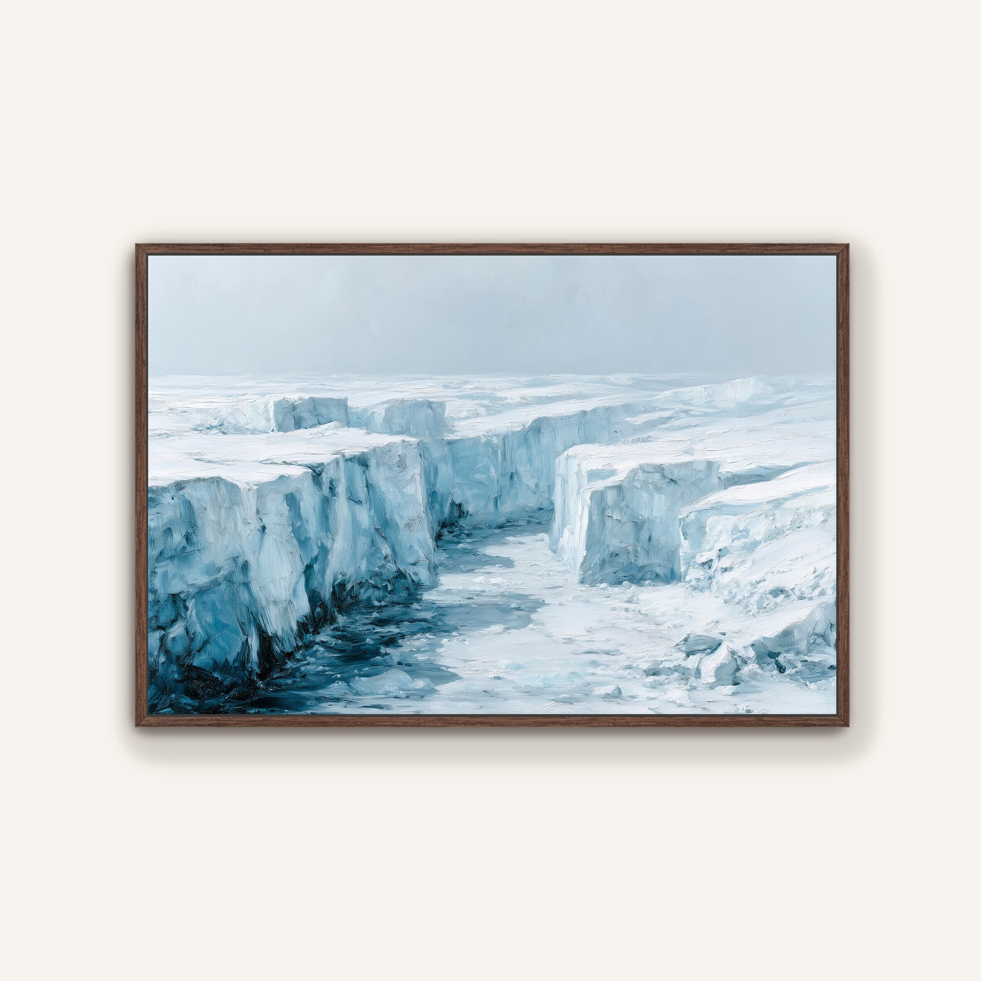 A framed painting depicting a vast, icy landscape with towering, jagged ice formations in the distance.
