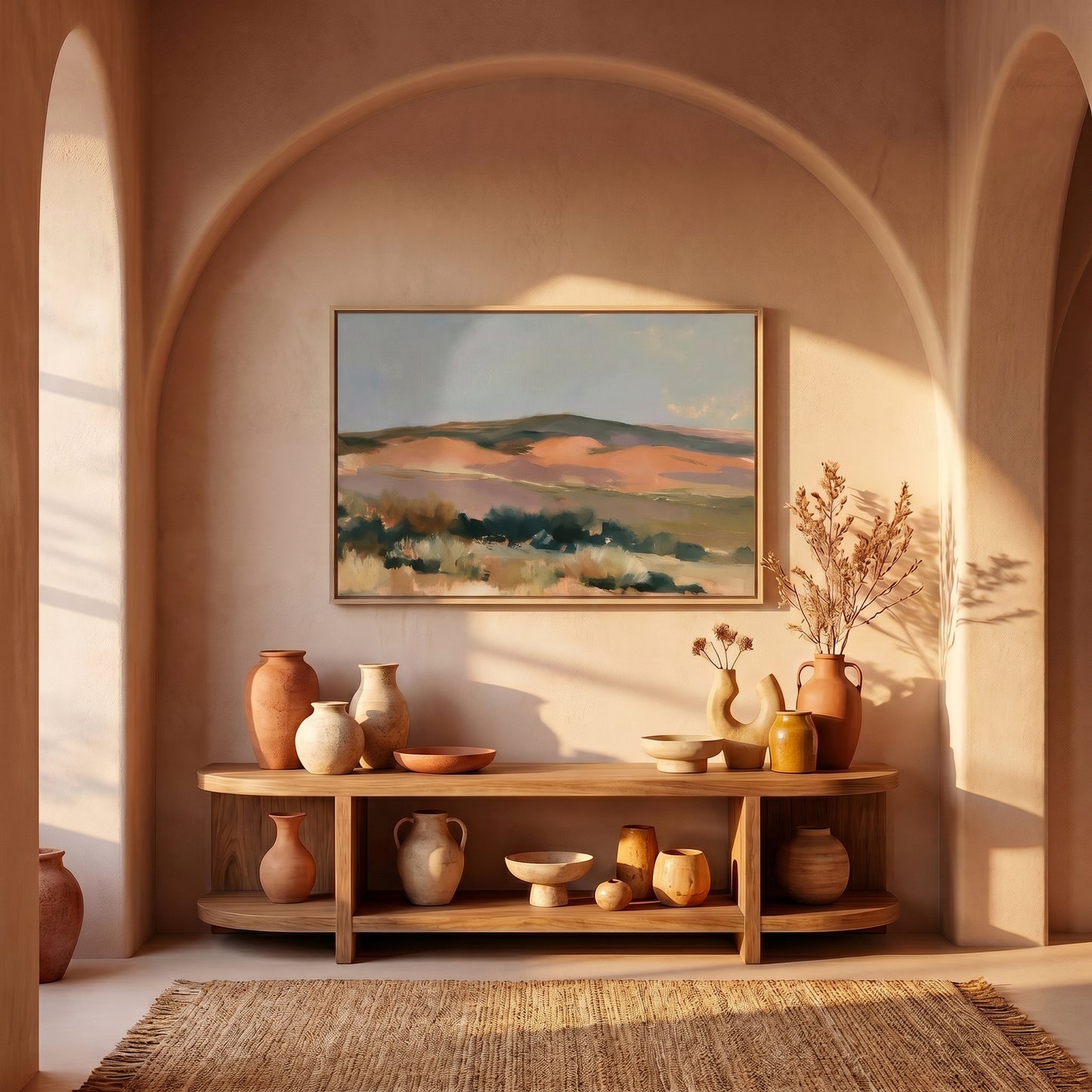 a wooden console table with various vases and bowls displayed on it, set against a wall with a framed landscape painting hanging above.