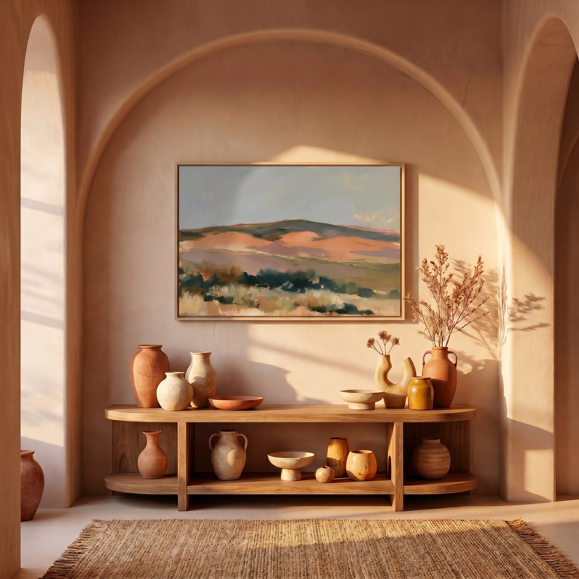 a wooden console table with various vases and bowls displayed on it, set against a wall with a framed landscape painting hanging above.