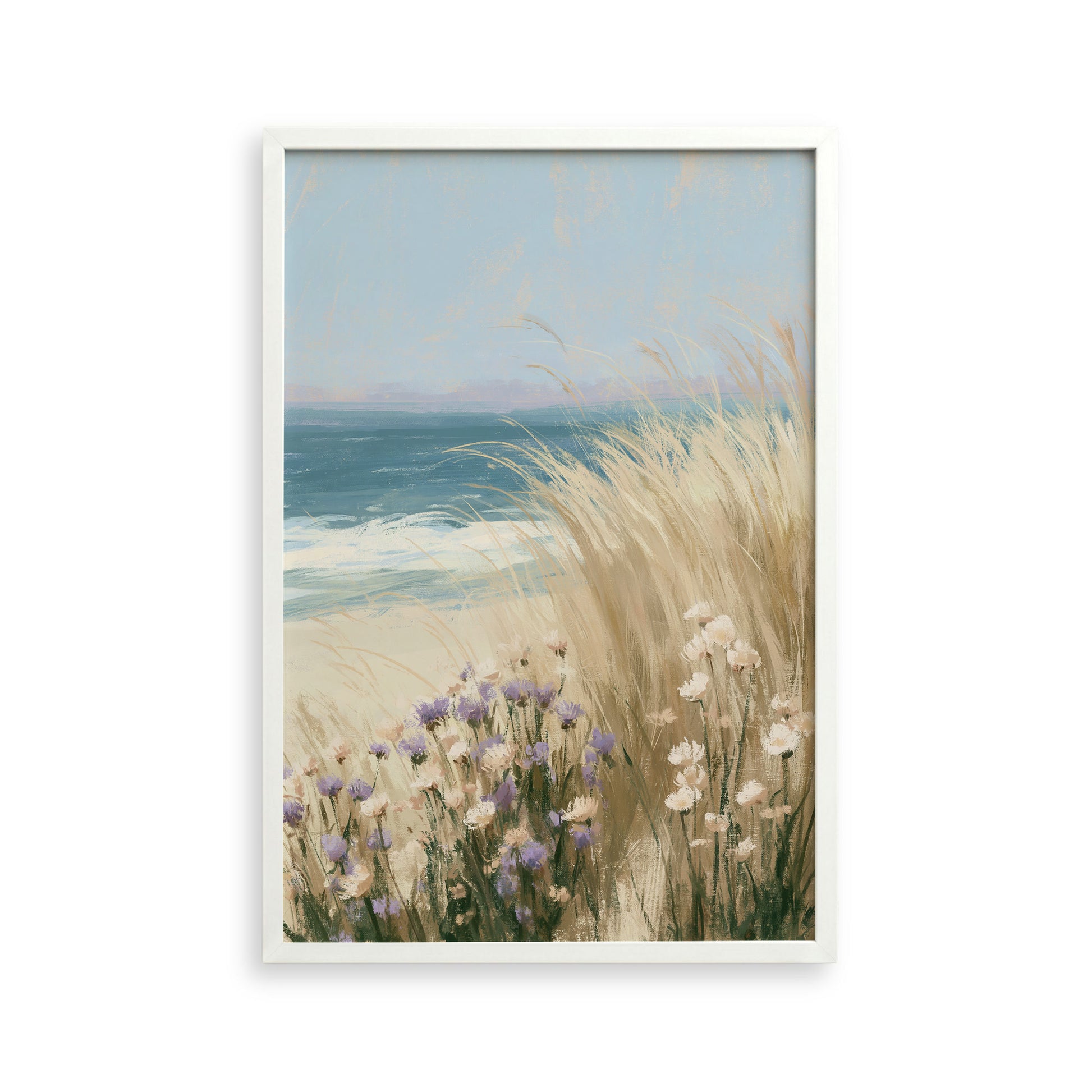 a serene coastal scene with a field of tall grasses and wildflowers in the foreground, overlooking the ocean.