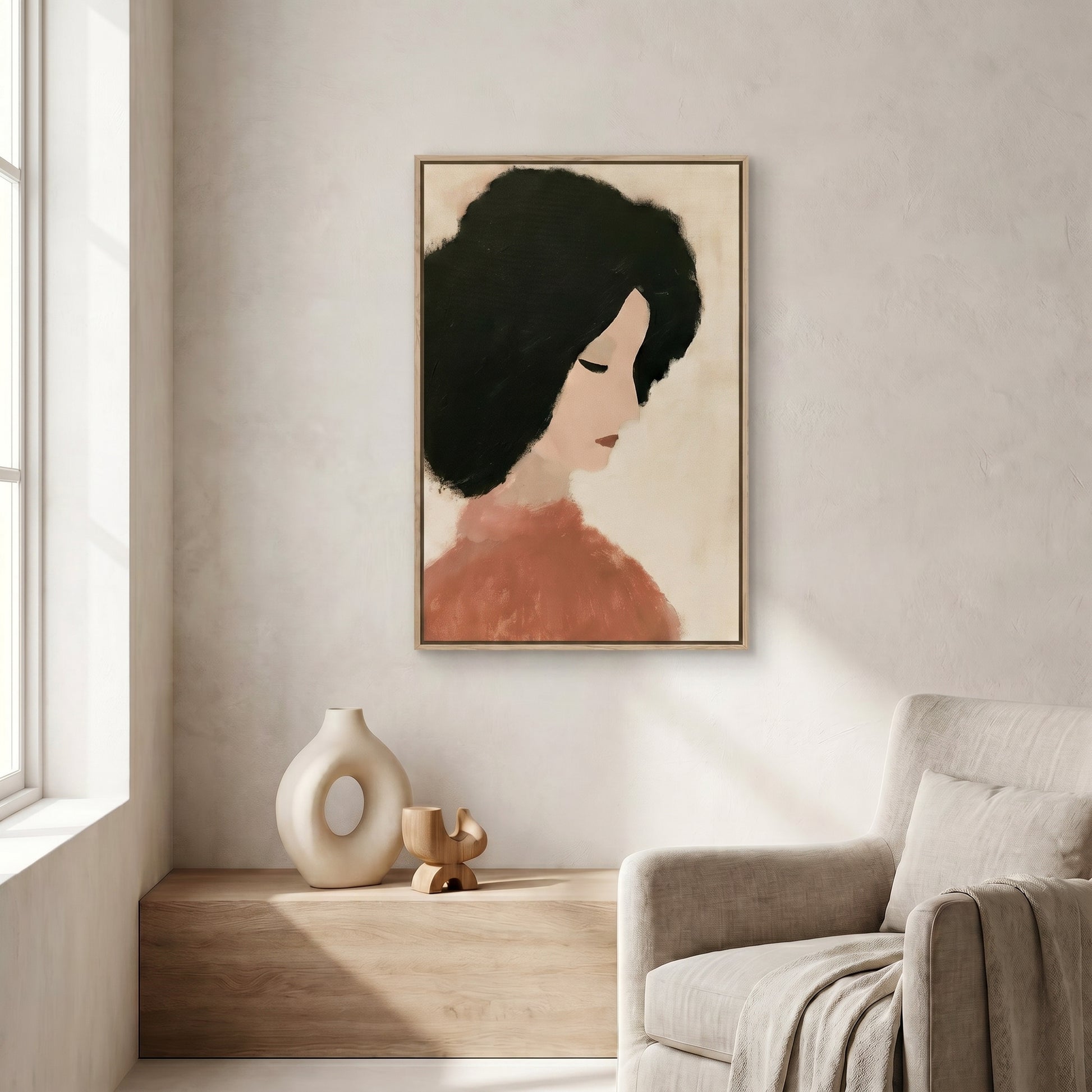 a minimalist living room with a large abstract painting of a woman's face hanging on the wall above a wooden shelf. The room has a neutral color palette, with a beige sofa and a wooden side table.