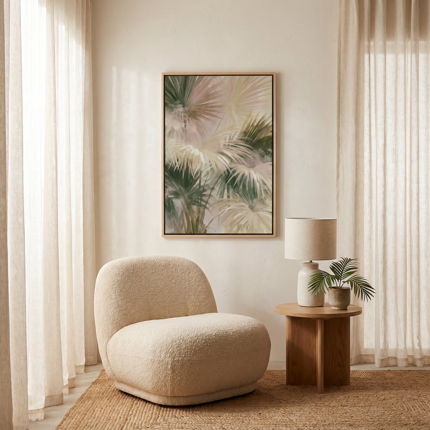 a cozy living room with a plush white armchair, a wooden side table with a lamp, and a framed painting of palm leaves on the wall.