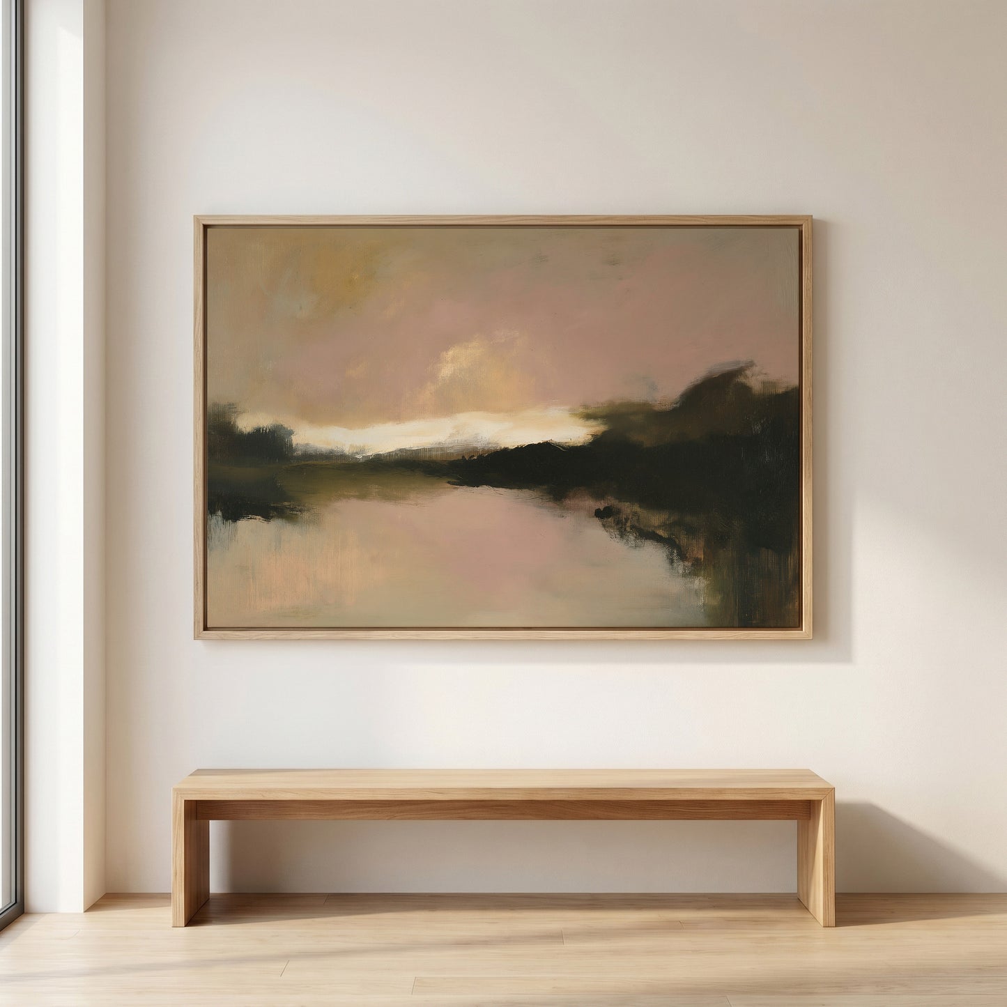 a large abstract painting hanging on a white wall above a wooden bench.