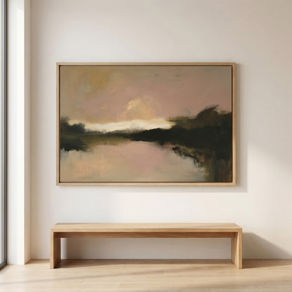 a large abstract painting hanging on a white wall above a wooden bench.