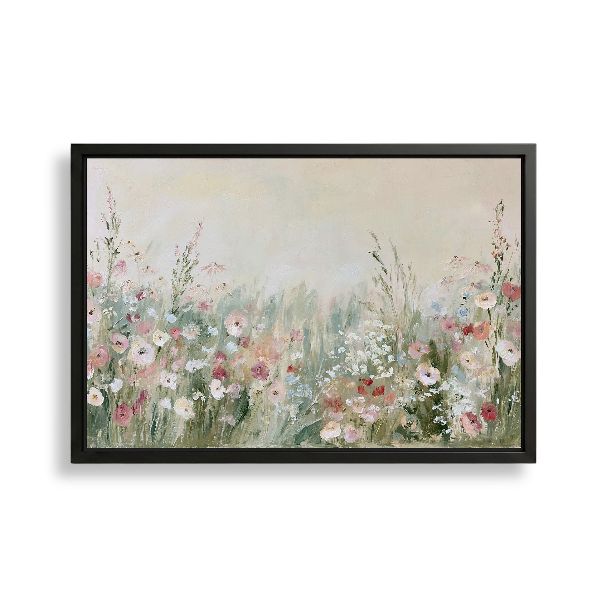 The image is a framed painting depicting a field of flowers with various colors and textures.