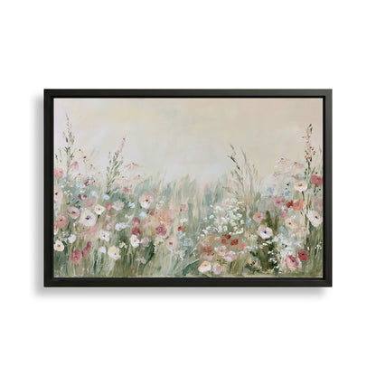 The image is a framed painting depicting a field of flowers with various colors and textures.