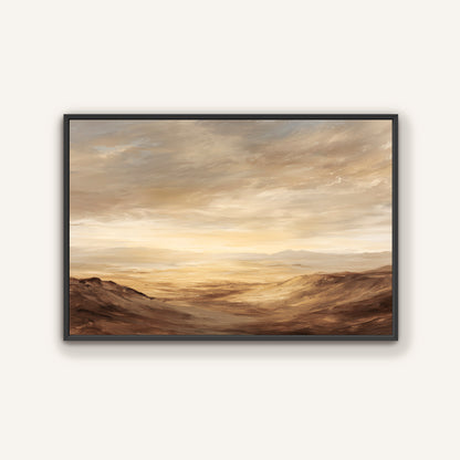 The image is a framed painting depicting a desert landscape with rolling hills and a cloudy sky.