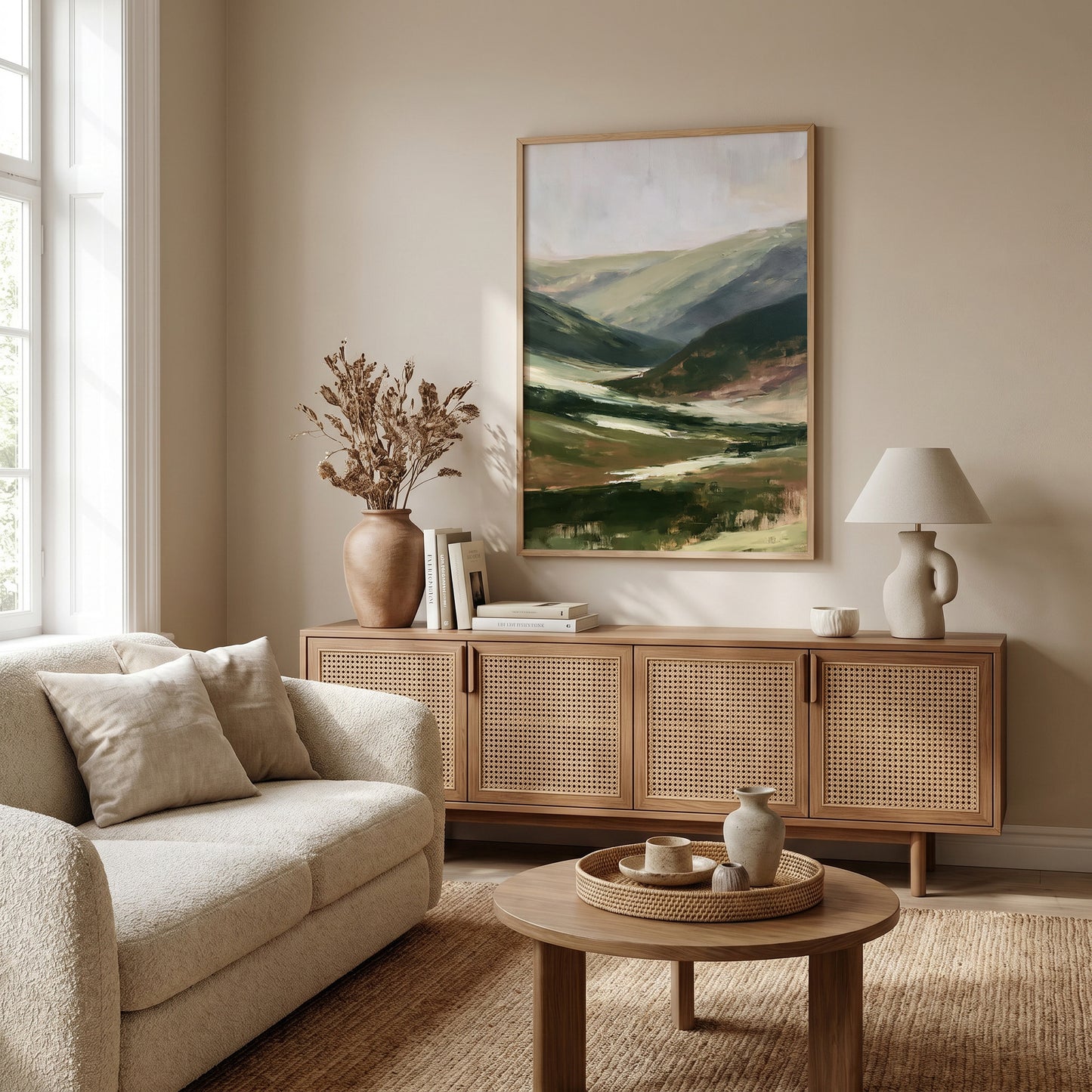 a cozy living room with a large painting of a mountain landscape hanging on the wall above a wooden cabinet. The room is furnished with a beige sofa, a wooden coffee table, and a lamp on a side table. The overall decor has a warm and inviting atmosphere.