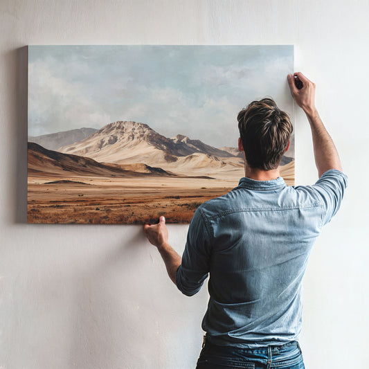 A man hangs a large landscape painting on a wall, which depicts a desert scene with mountains in the background.
