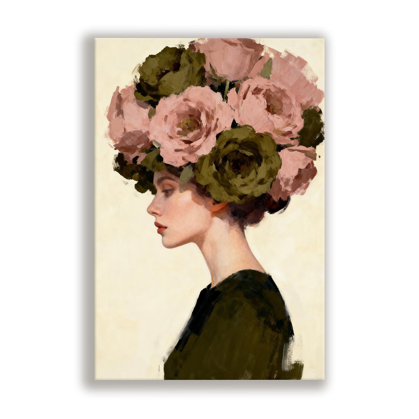A woman with a large floral headdress is depicted in profile, wearing a dark green top.