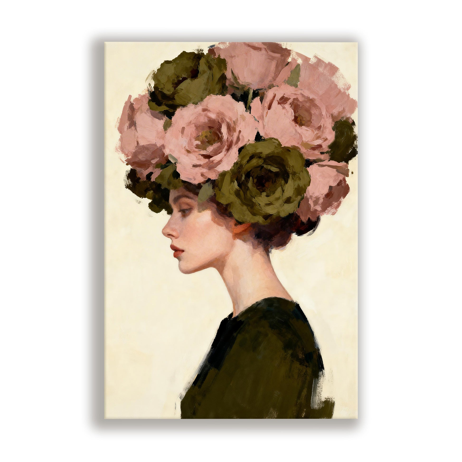 A woman with a large floral headdress is depicted in profile, wearing a dark green top.
