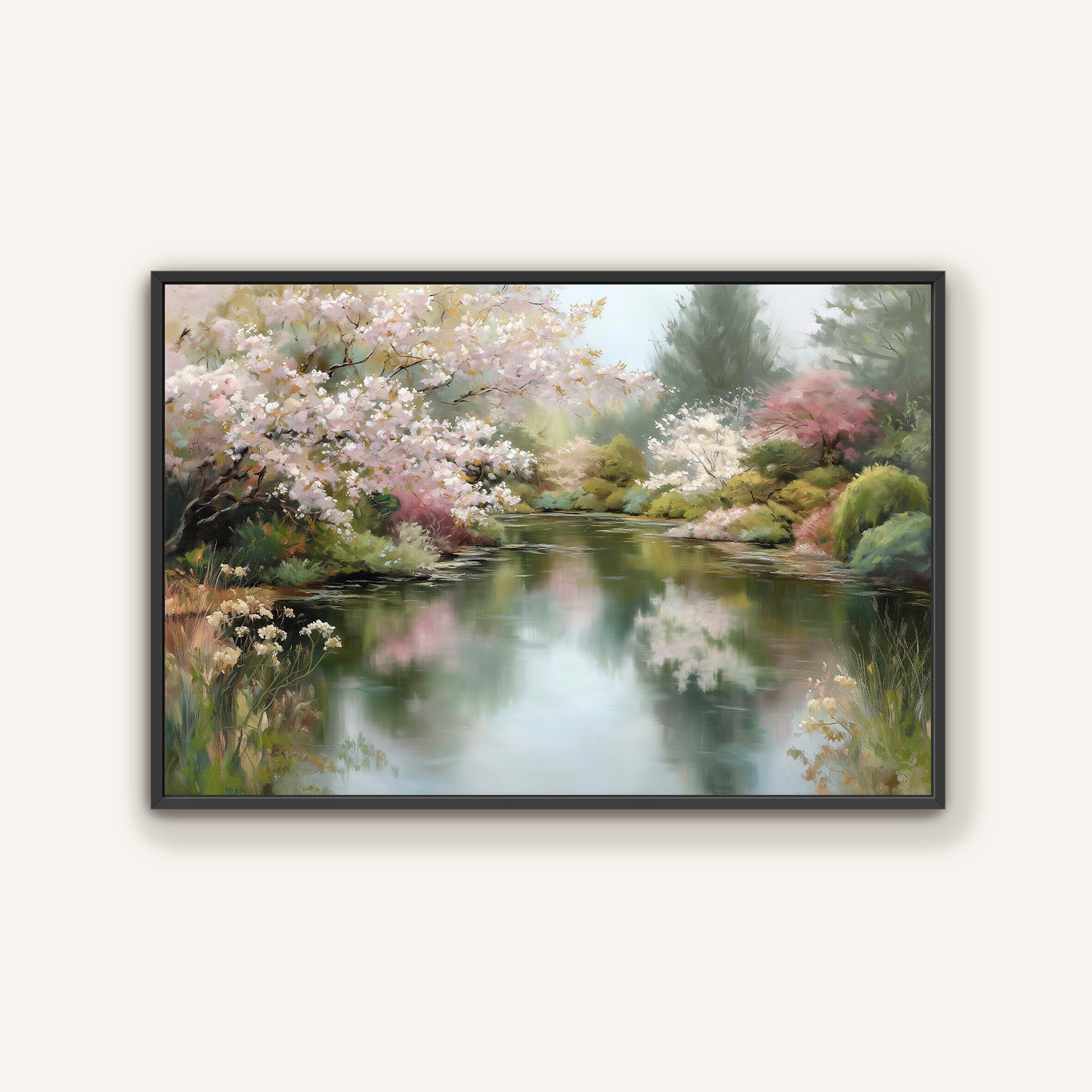A serene landscape painting depicting a tranquil pond surrounded by blooming trees and lush greenery.
