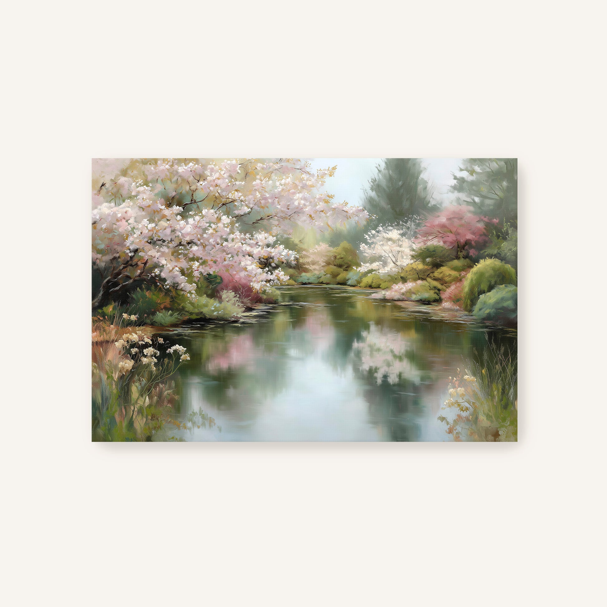 A serene landscape featuring a tranquil pond surrounded by blooming trees and lush greenery.