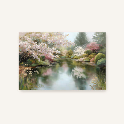 A serene landscape featuring a tranquil pond surrounded by blooming trees and lush greenery.