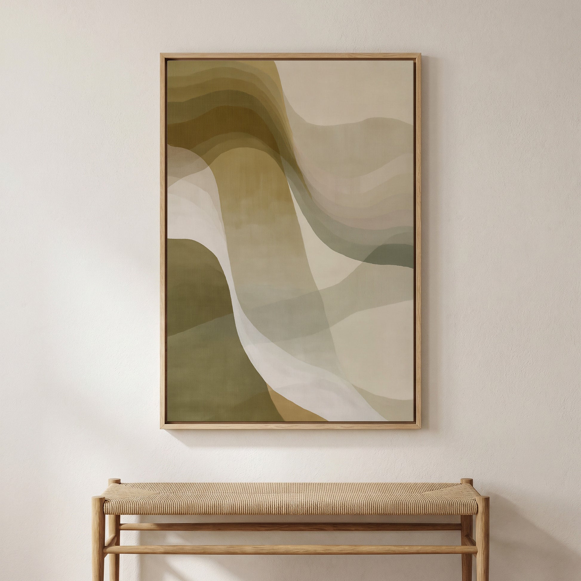a large abstract painting hanging on a white wall above a wooden bench.