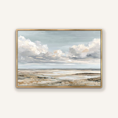 The image is a painting of a serene landscape depicting a vast, open field with a cloudy sky above.