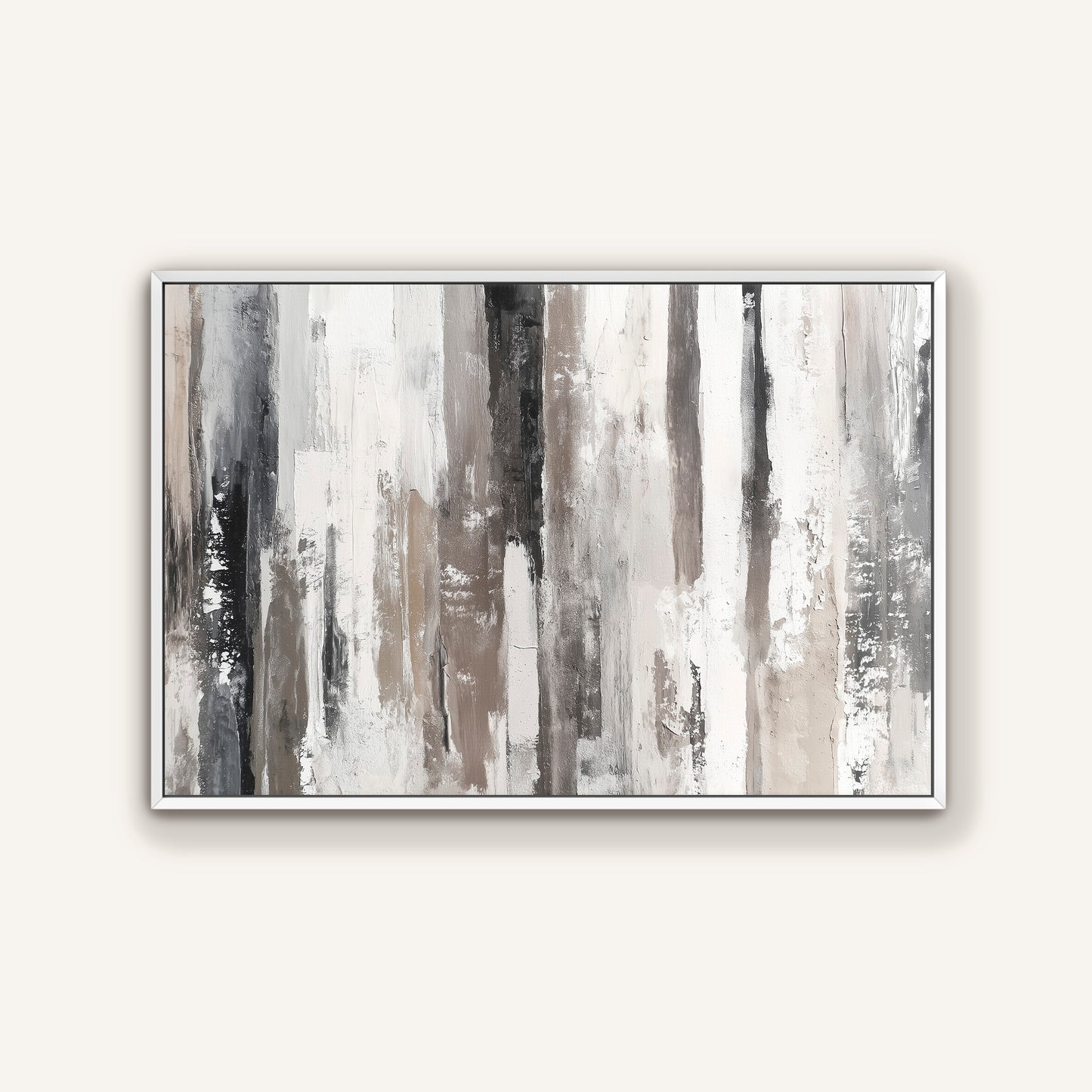 The image is a framed abstract painting with vertical lines in various shades of gray and white, creating a sense of depth and dimension.