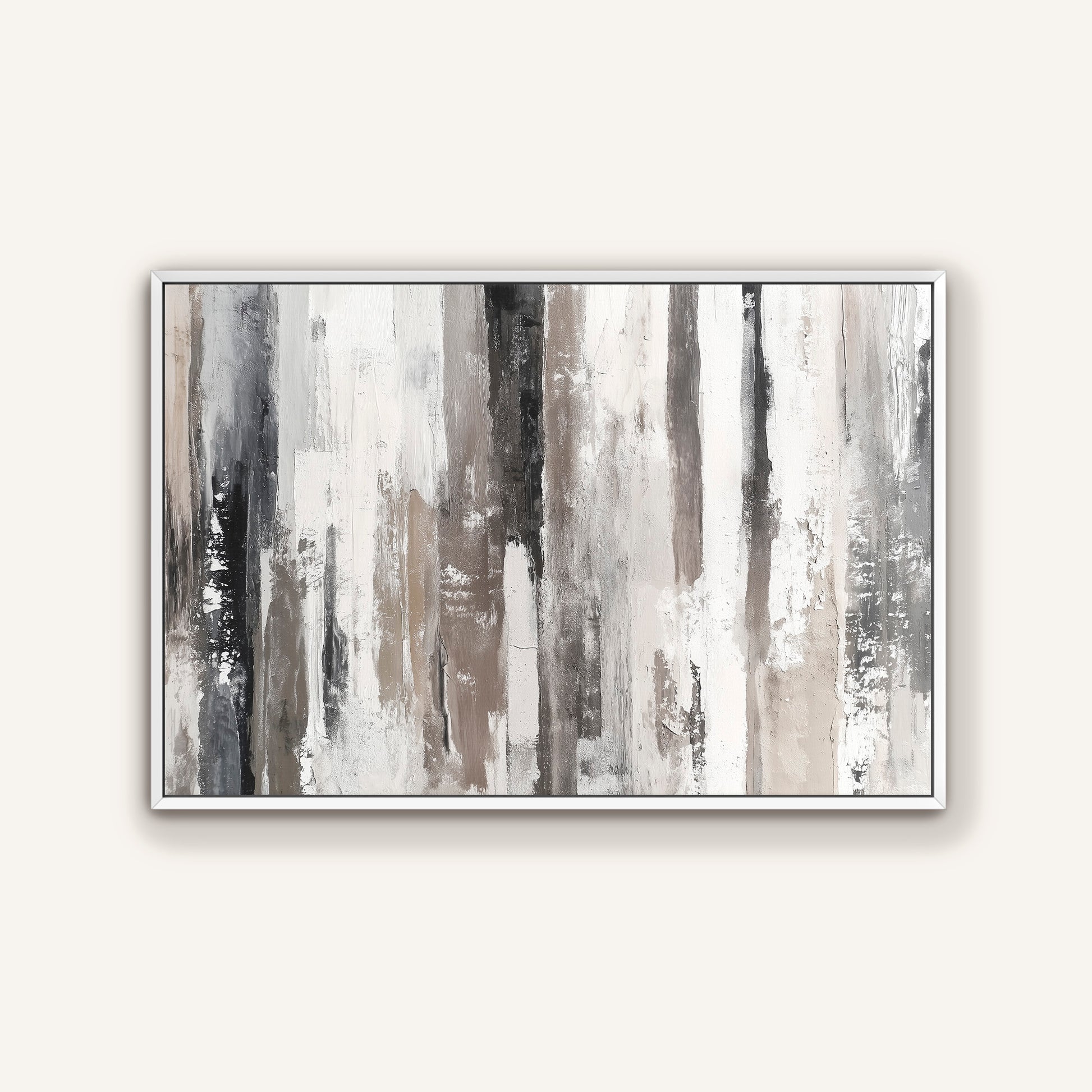 The image is a framed abstract painting with vertical lines in various shades of gray and white, creating a sense of depth and dimension.