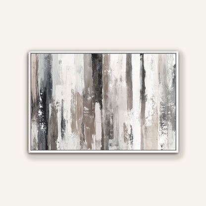 The image is a framed abstract painting with vertical lines in various shades of gray and white, creating a sense of depth and dimension.
