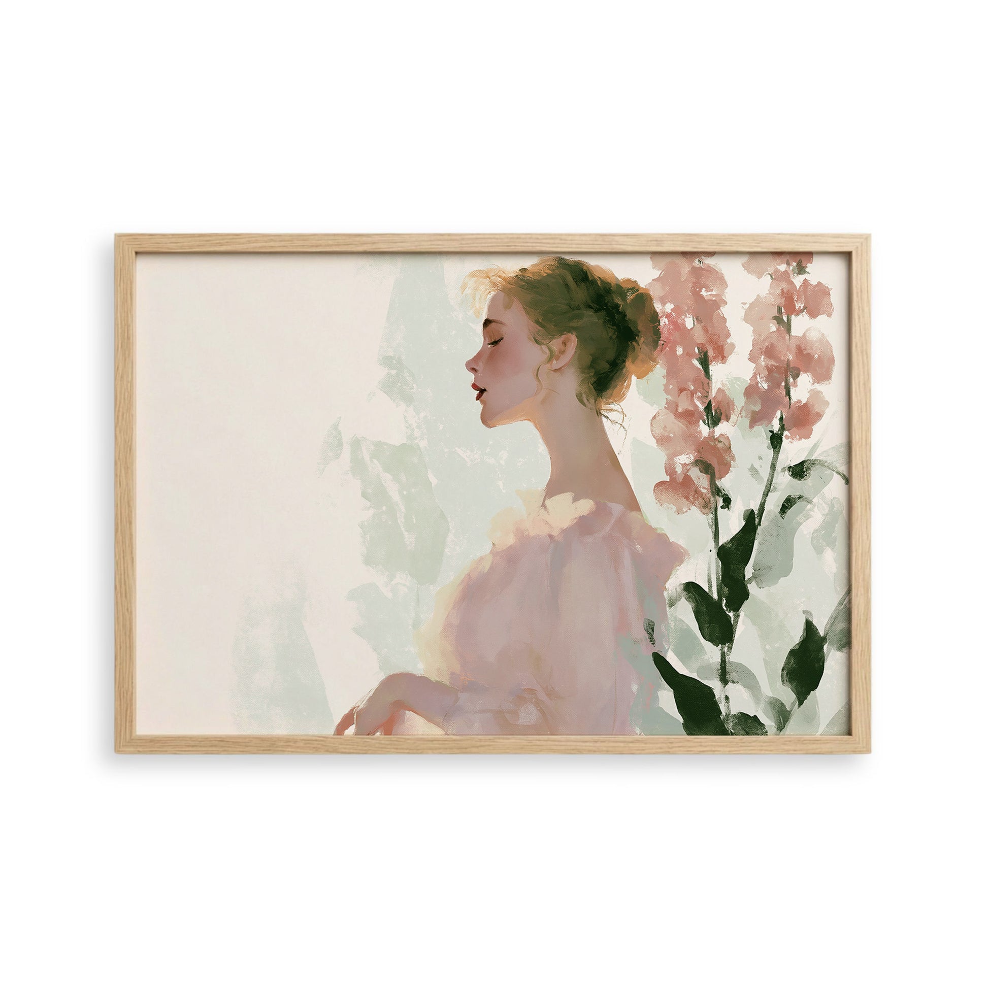 A framed painting depicting a woman with her hair in a bun, wearing a pink dress, standing in front of pink flowers.