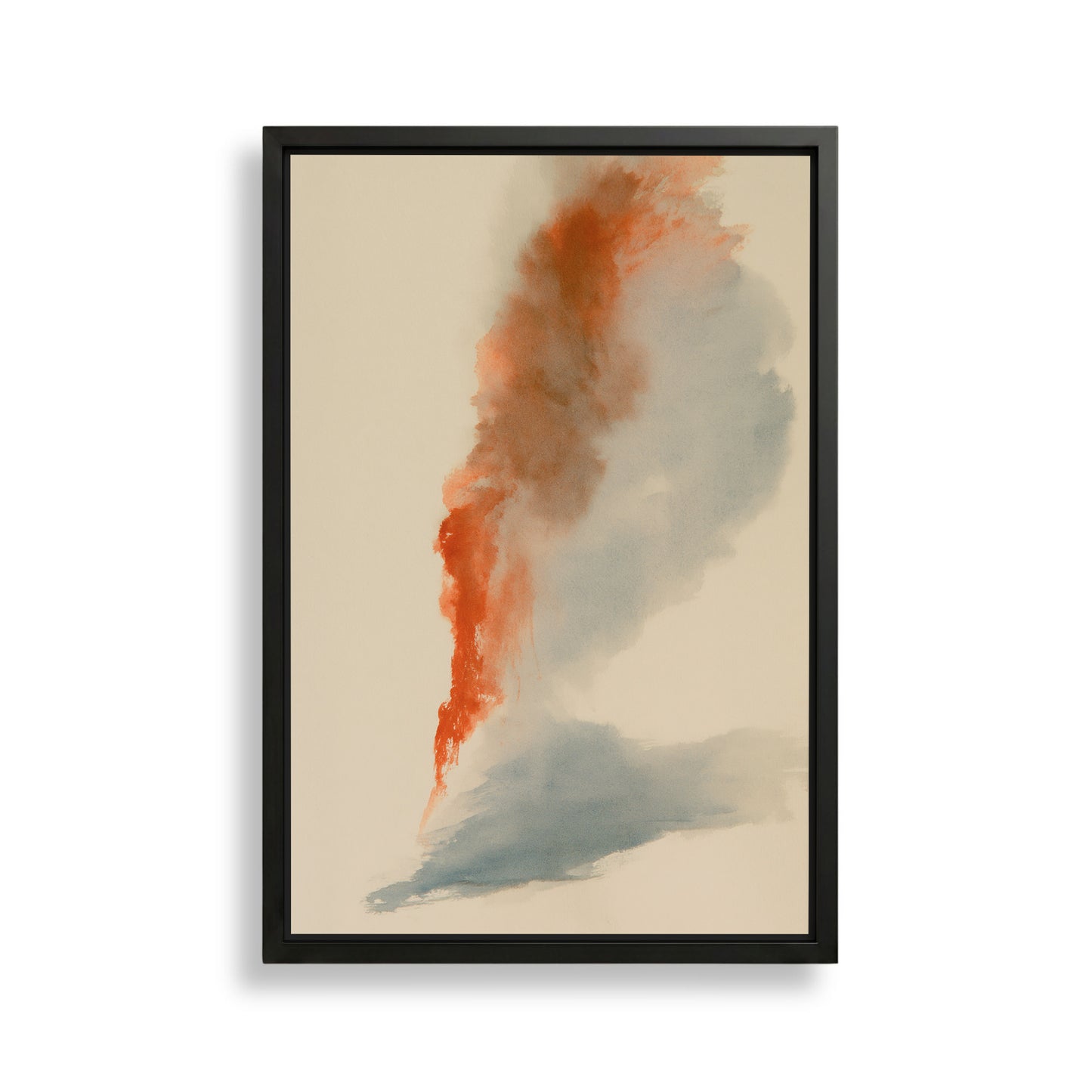The image is a framed abstract painting with a large, vibrant orange and red splash of color against a light beige background.
