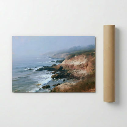 The image is a painting of a rocky coastline with crashing waves, depicting a serene and picturesque scene.