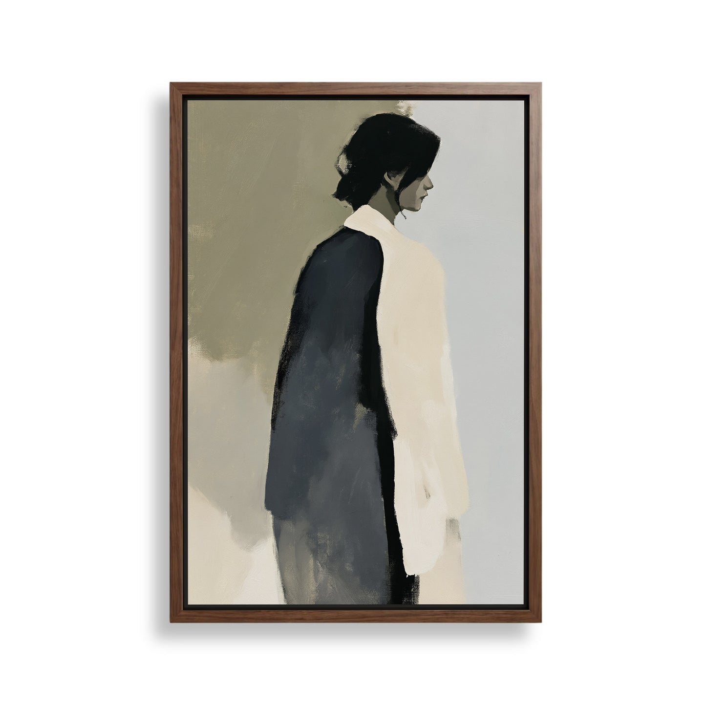 The image is a framed painting depicting a woman in a black and white color scheme.